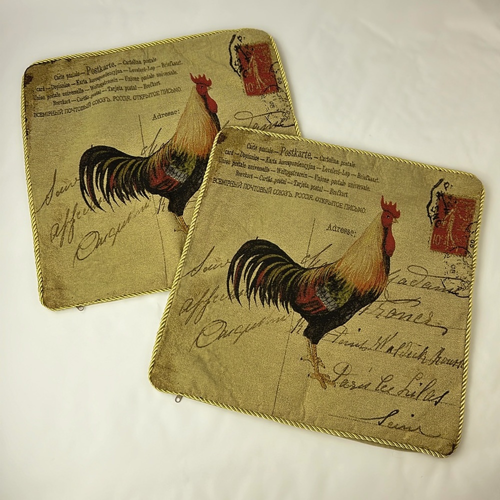 Pair of Matching Rooster Tapestry Pillow Covers. 17.5” x 17.5”. Vintage look.